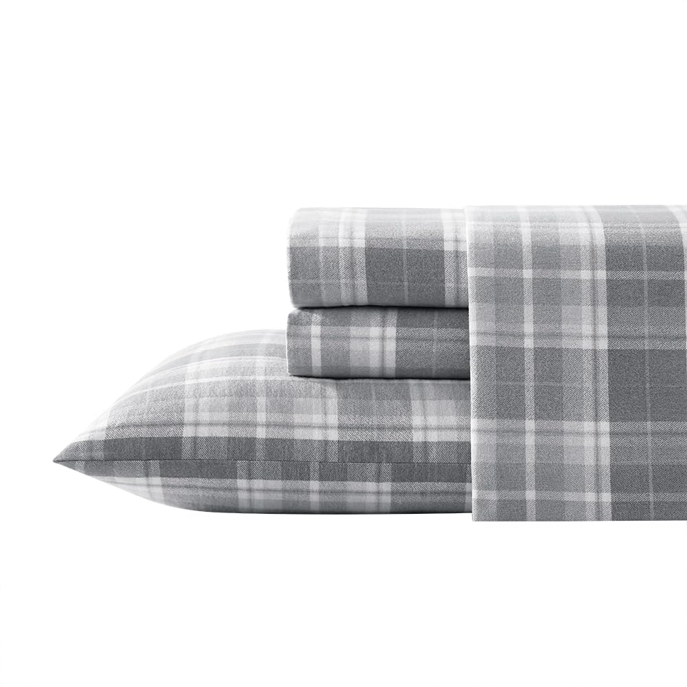 Laura Ashley Blätter Baumwoll-Flanell-Bettwäsche-Set, Mulholland Plaid Grau, Twin Twin Mulholland Pl