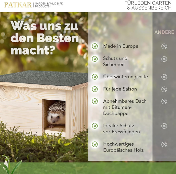 PATKAR Igelhaus Winterfest mit Boden [SCHÜTZT VOR FRESSFEINDEN] - Premium Igelfutterhaus (Made in Eu
