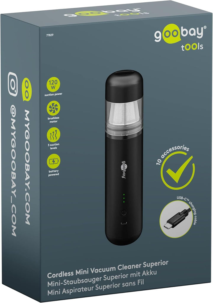 goobay Mini-Staubsauger Superior/Akku-Handstaubsauger für Auto, Haus, Wohnmobil, 120W, 7 Düsen, 3 Bü