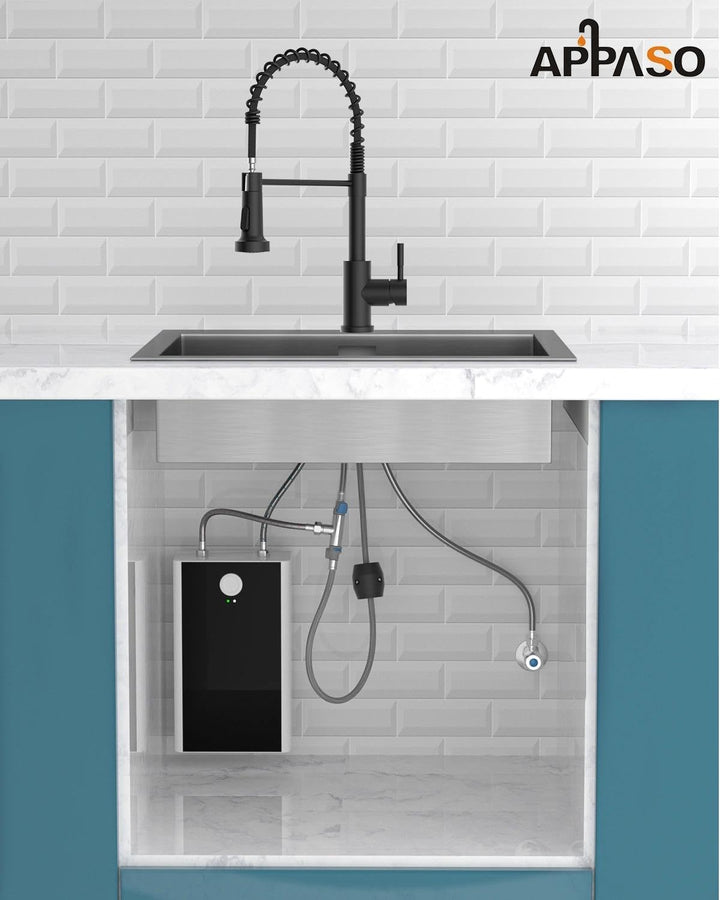 APPASO Niederdruck Wasserhahn Küche Schwarz, 360°drehbarer Wasserhahn für Küche mit Brause Ausziehba