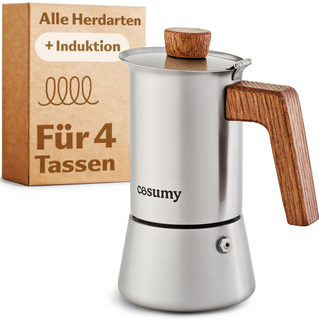 Cosumy Espressokocher Induktion für alle Herdarten geeignet 4 Tassen - Mokkakanne Edelstahl & FSC Ei
