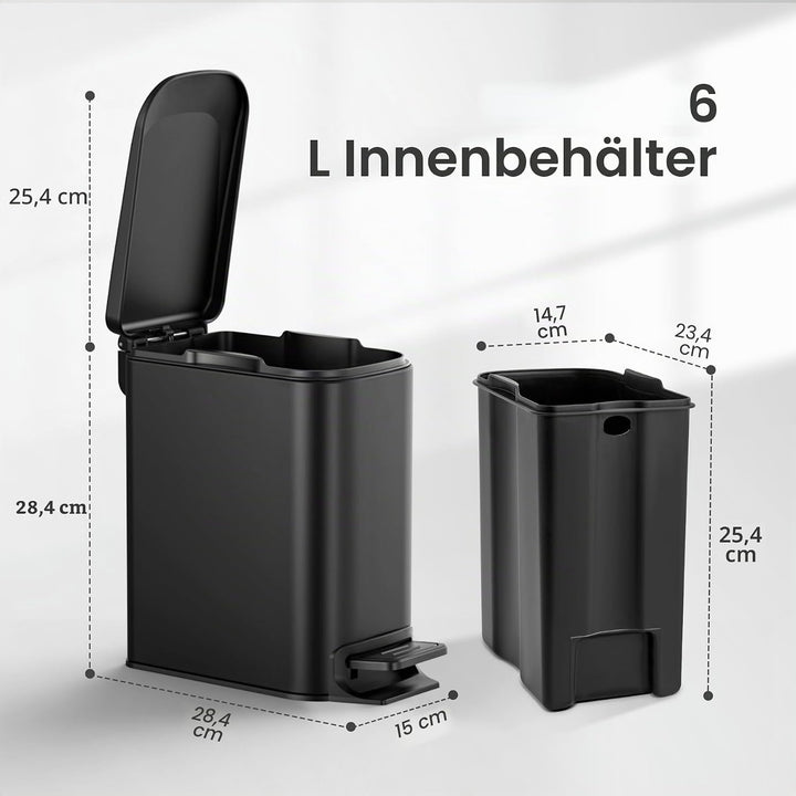 Cesun Kleiner Mülleimer mit Deckel 6 Liter Edelstahl Mülleimer für Küche, Bad, Home Office (matt sch