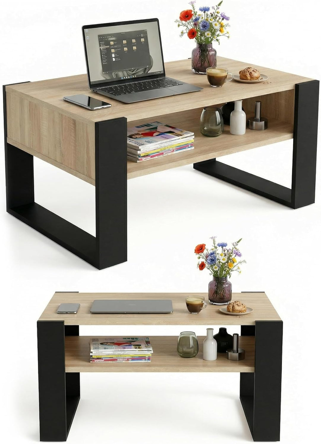 CraftPAK Wohnzimmer Tisch für Couch aus hochwertigem Holz, moderner Couchtisch mit zusätzlicher Abla