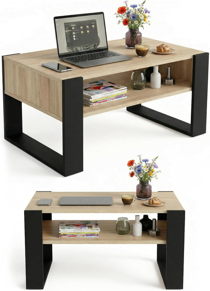 CraftPAK Wohnzimmer Tisch für Couch aus hochwertigem Holz, moderner Couchtisch mit zusätzlicher Abla