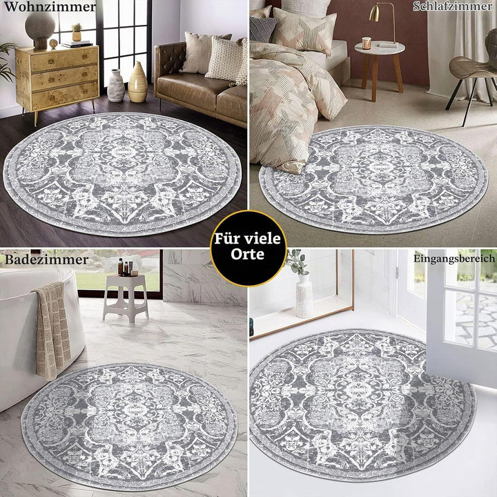 Enyhom Retro Boho Teppich, 120 cm Runder Hochflor Küchenteppich, Waschbarer Mandala Bedruckt Teppich