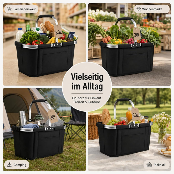 Einkaufskorb Faltbar 30L XXL, Platzsparender Klappkorb mit Edelstahlrahmen & 300D Oxford, Ideal für