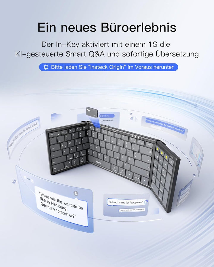 Inateck Faltbare Tastatur Kabellos,Klappbare Tastatur mit Ziffernblock mit 3 Kanälen,AI-Key,mit Stän