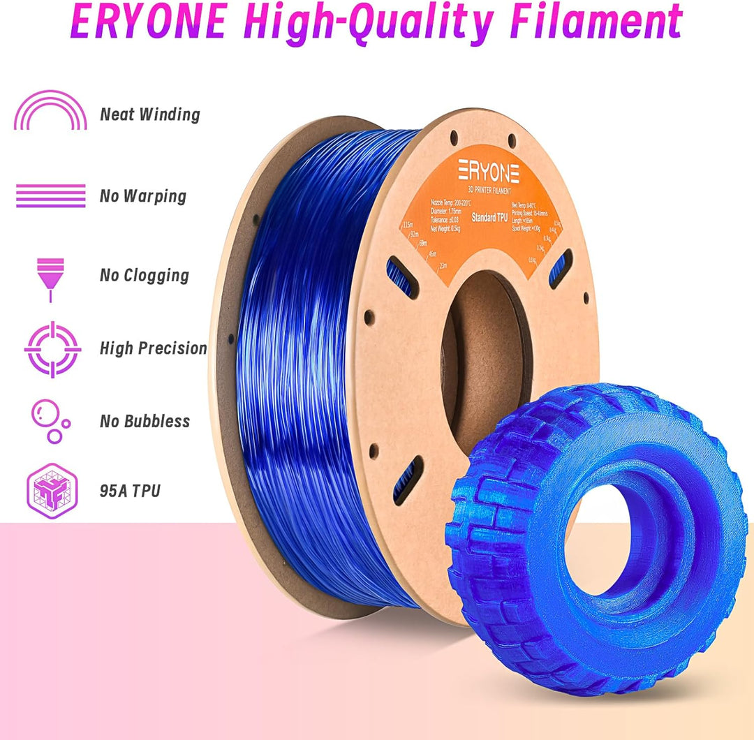 ERYONE TPU Filament 1.75mm, 3D Drucken Filament TPU, 0.5kg 1 Spool, Transparent Blue 0.5kg-e-Transpa