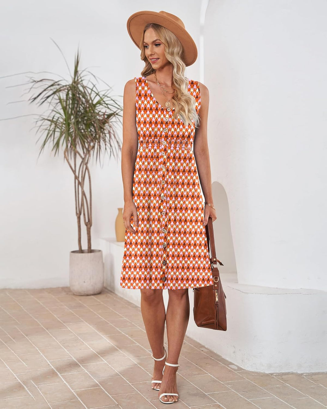 AUSELILY Sommerkleid Damen Ärmellos V-Ausschnitt Minikeid Casual Button Down Strandkleid mit Taschen