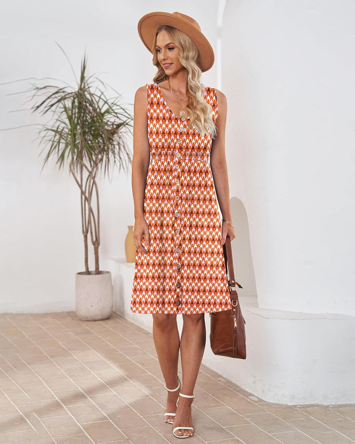 AUSELILY Sommerkleid Damen Ärmellos V-Ausschnitt Minikeid Casual Button Down Strandkleid mit Taschen