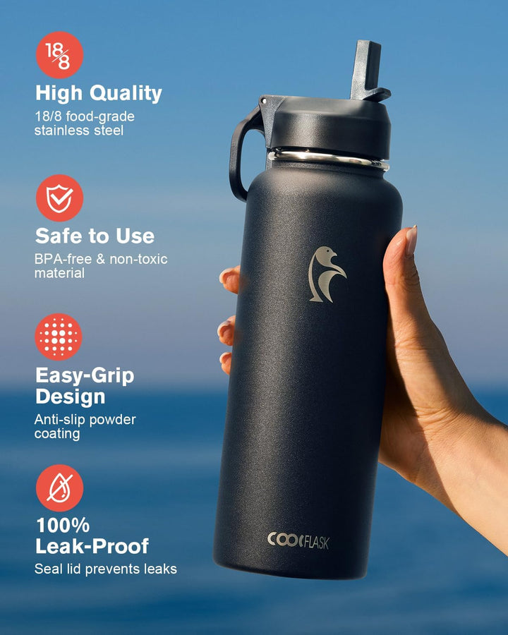Coolflask 1180ml Isolierte Wasserflasche mit Strohhalm und 3 Deckeln, Metallwasserflasche für Sport