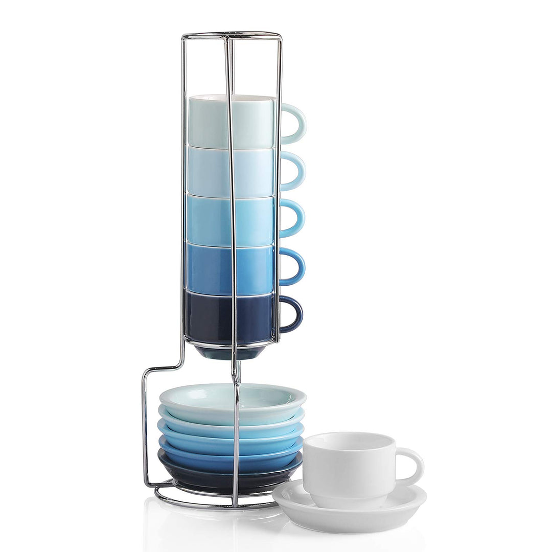 Sweejar Porzellan-Espresso-Tassen und Untertasse, stapelbar, mit Metallständer, 70 ml für Latte, Kaf