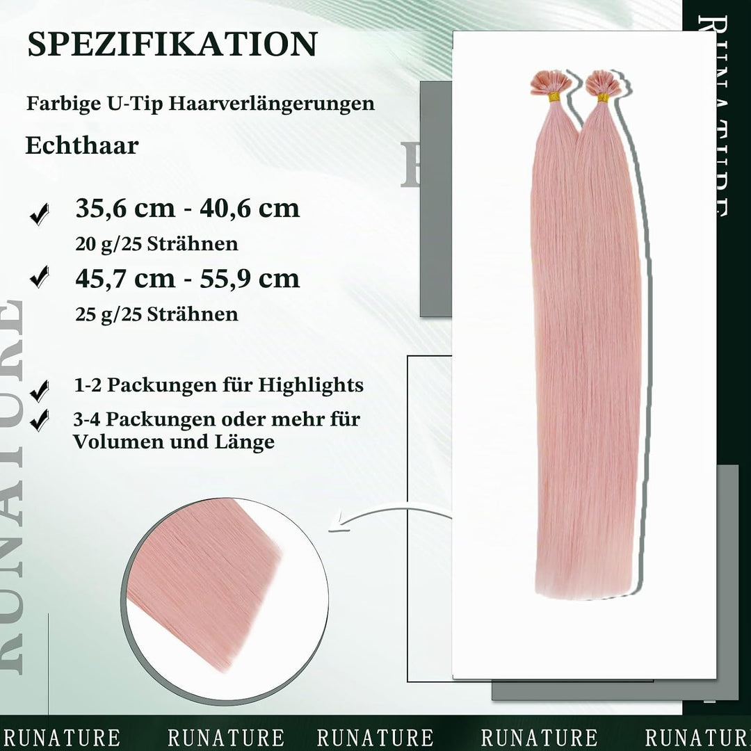 RUNATURE Bonding Extensions Echthaar Rosa 40cm Menschliches Haar Extensions Echthaar Bondings Rosa U