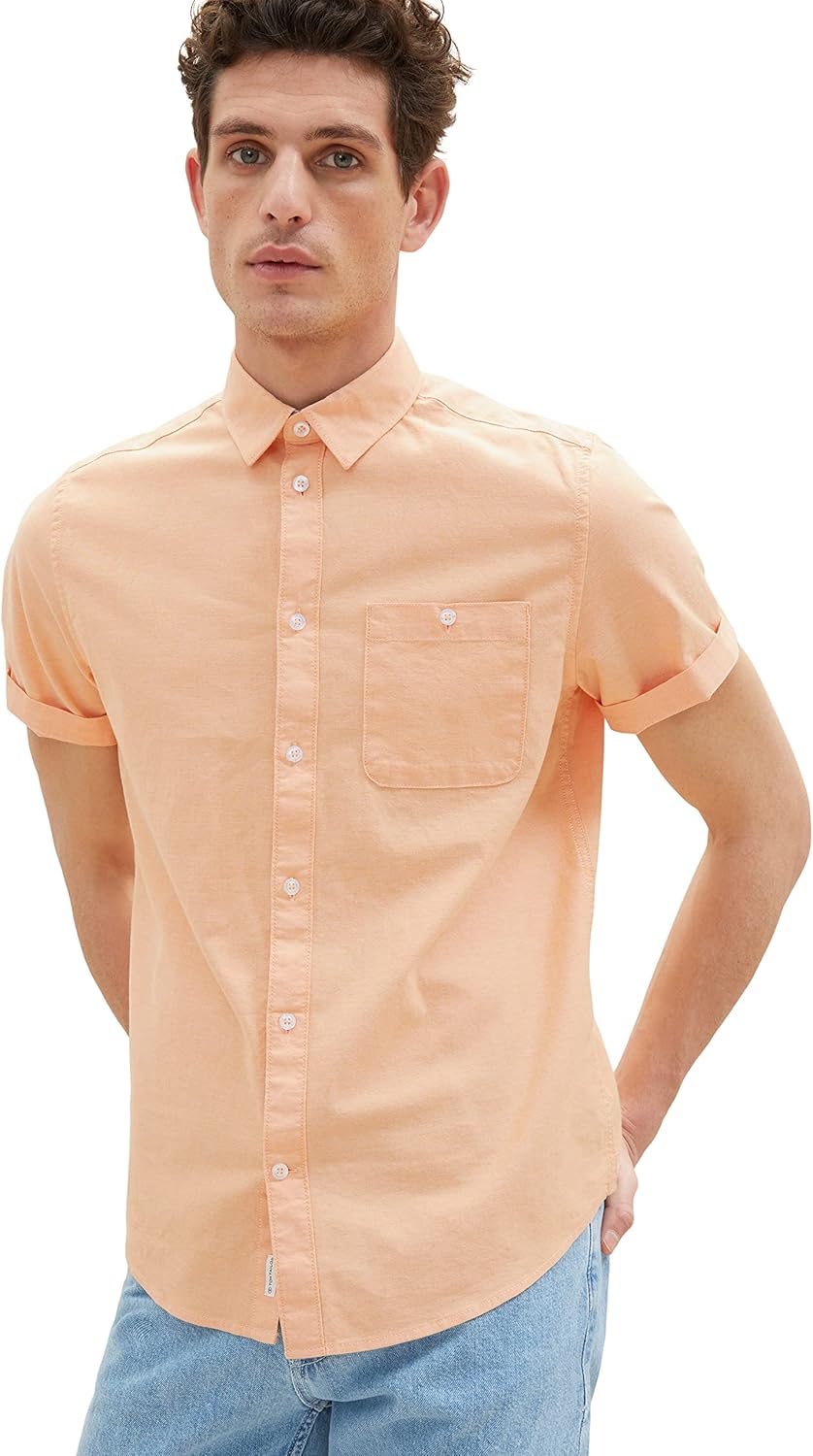 TOM TAILOR Herren Oxford Kurzarm-Hemd mit Stretch L 31200 - Washed Orange Chambray, L 31200 - Washed