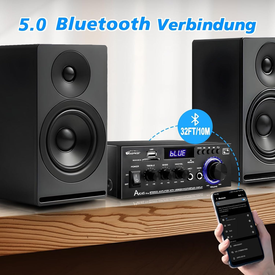 AK45 Pro HiFi-Verstärker WOOPKER Mini Verstärker, 500W,2 Kanäle Bluetooth Verstärker HiFi Stereo w/U