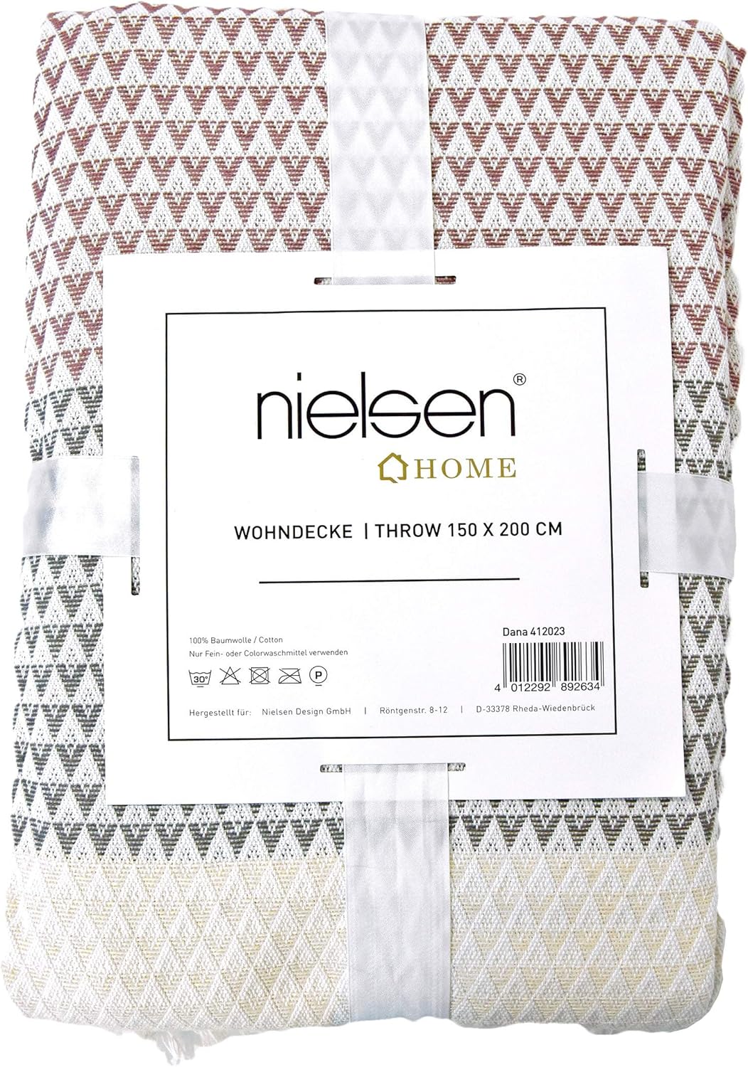 Wohndecke Plaid Dana, 150x200 cm, Grau Mauve (Altrosa) Weiss (Weiss), Gemustert, Boho, Baumwolle, ge
