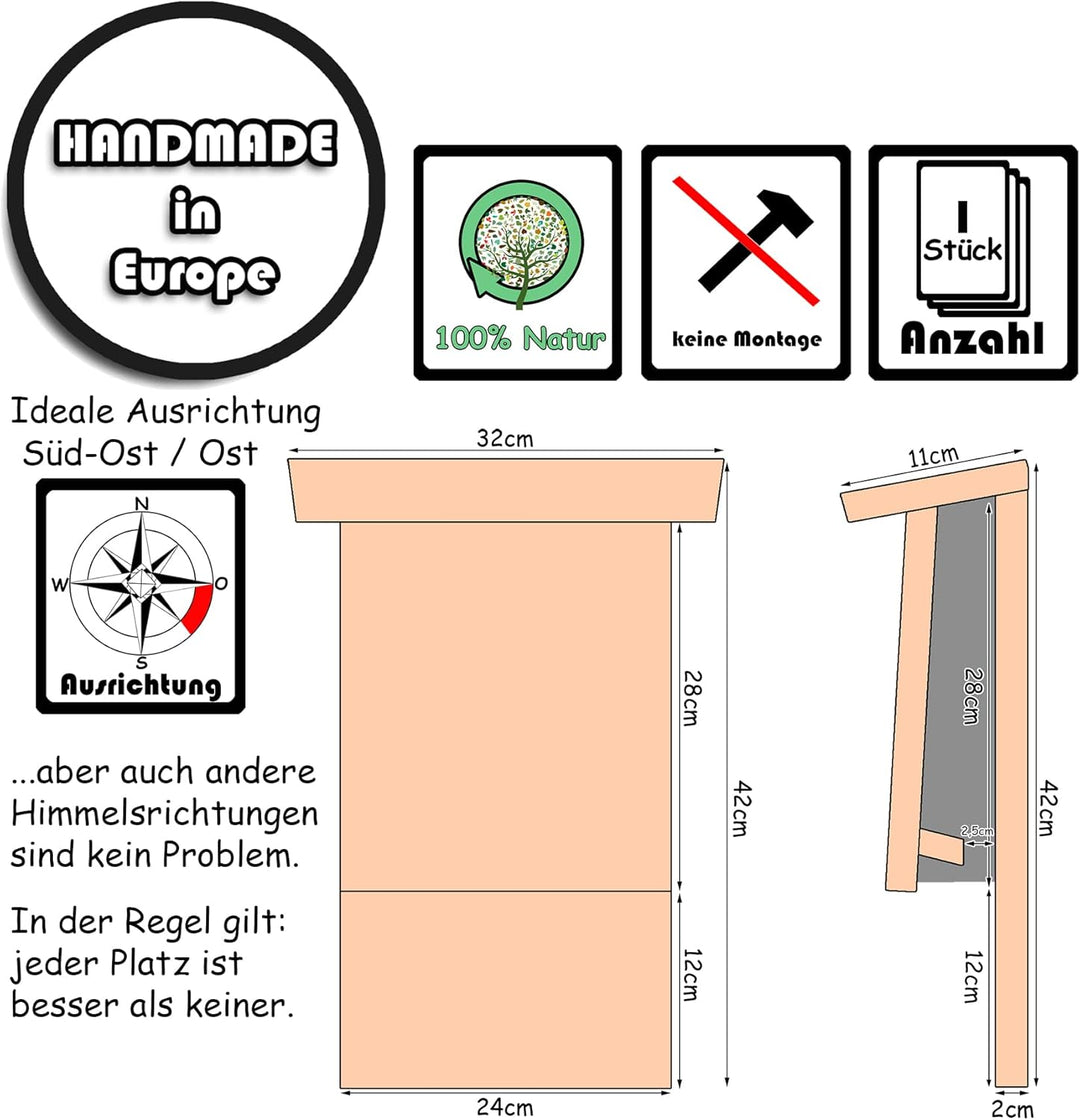 BigDean Grosser Fledermauskasten aus Massivholz - Fledermaus Nistkasten - Handmade in Europe - Flede