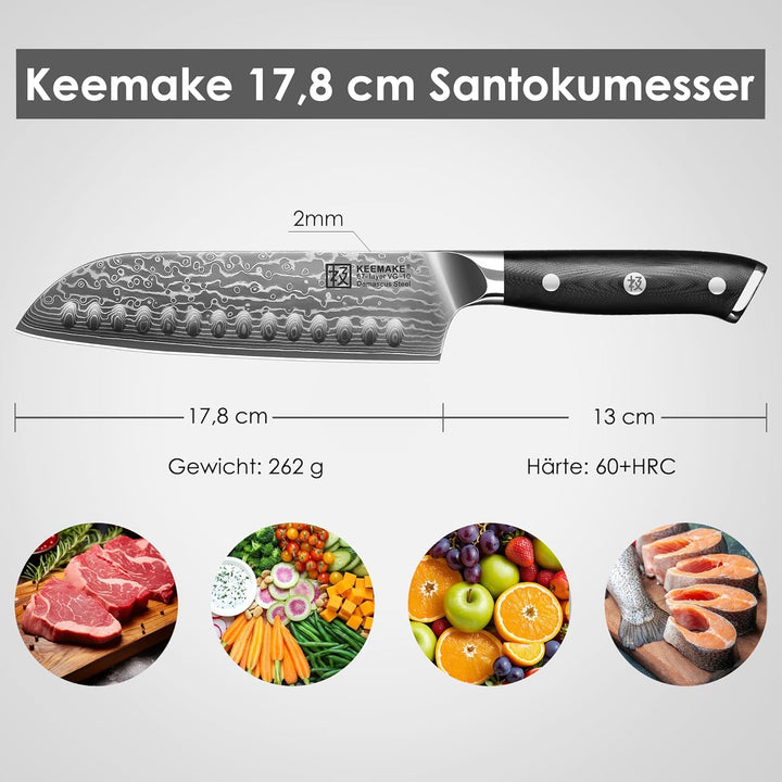 KEEMAKE Santoku Messer Kochmesser Küchenmesser - 7 Zoll Küchenmesser 17,8cm Santokumesser Allzweckme