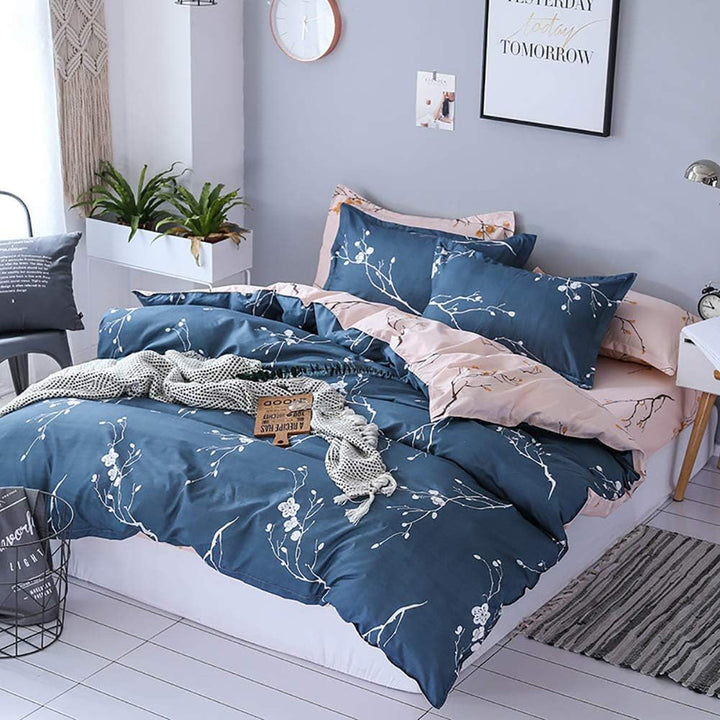 Boqingzhu Bettwäsche 200x220cm Blumen Pflanzen Dunkelblau Rosa Floral Wende Bettwäsche Set Microfase