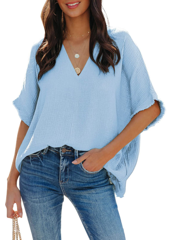 Dokotoo Damen Bluse V-Ausschnitt Musselin Tunika Shirt Oberteil Sommer Kurzarm Locker Longshirt Tops