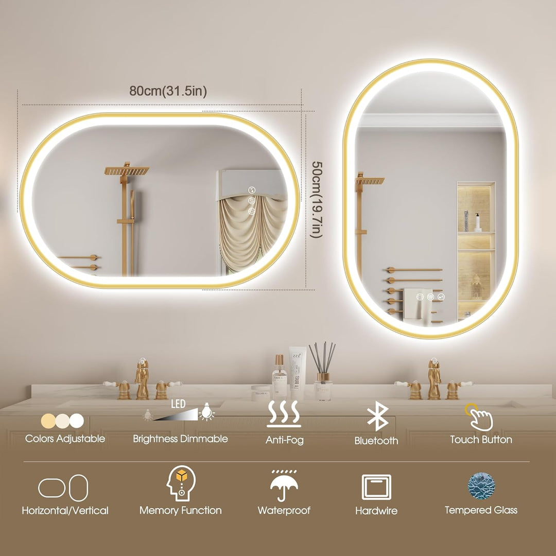 STARLEAD Gold Oval-LED-Badspiegel-mit-Beleuchtung 80x50cm, Bluetooth, Dimmbar, 3 Lichtfarben, Entfog