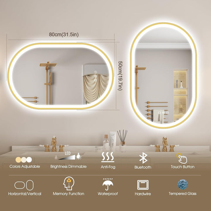 STARLEAD Gold Oval-LED-Badspiegel-mit-Beleuchtung 80x50cm, Bluetooth, Dimmbar, 3 Lichtfarben, Entfog