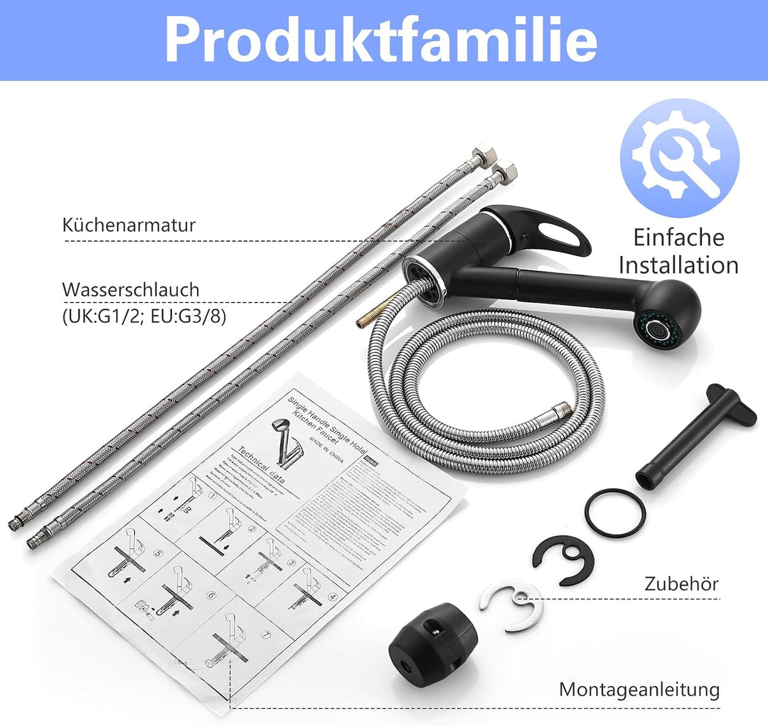 Namuoto Küchenarmatur Ausziehbar Schwarz,360° Drehbar Wasserhahn Küche,Armatur Küche mit 2 Wasseraus