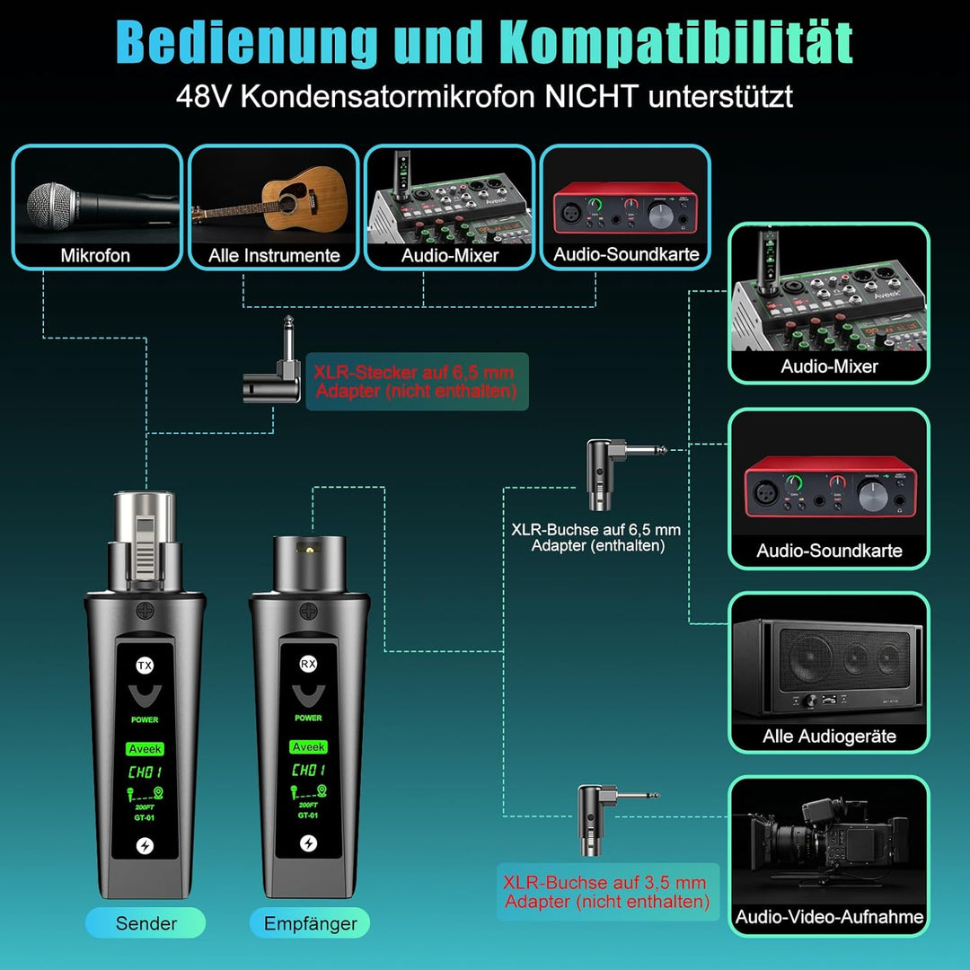 Aveek Kabelloses XLR-Sender/Empfänger für dynamisches Mikro,60 m Reichweite |, Empfänger +2 Sender