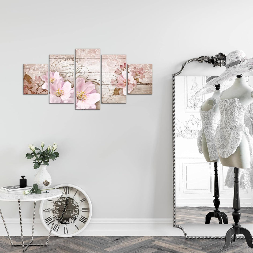 Runa Art Wandbilder Vintage Blumen 5 Teilig Bild auf Vlies Leinwand Deko Wohnzimmer Holzoptik Beige