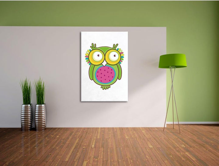 Pixxprint Lustige grüne Eule sitzend weiss, Format: 70x100 auf hochkantiges Leinwandbild, XXL riesig