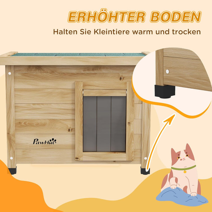 PawHut Katzenhaus aus Holz Winterfest wasserdicht Katzenhütte mit Asphaltdach Fenster Türvorhang Erh