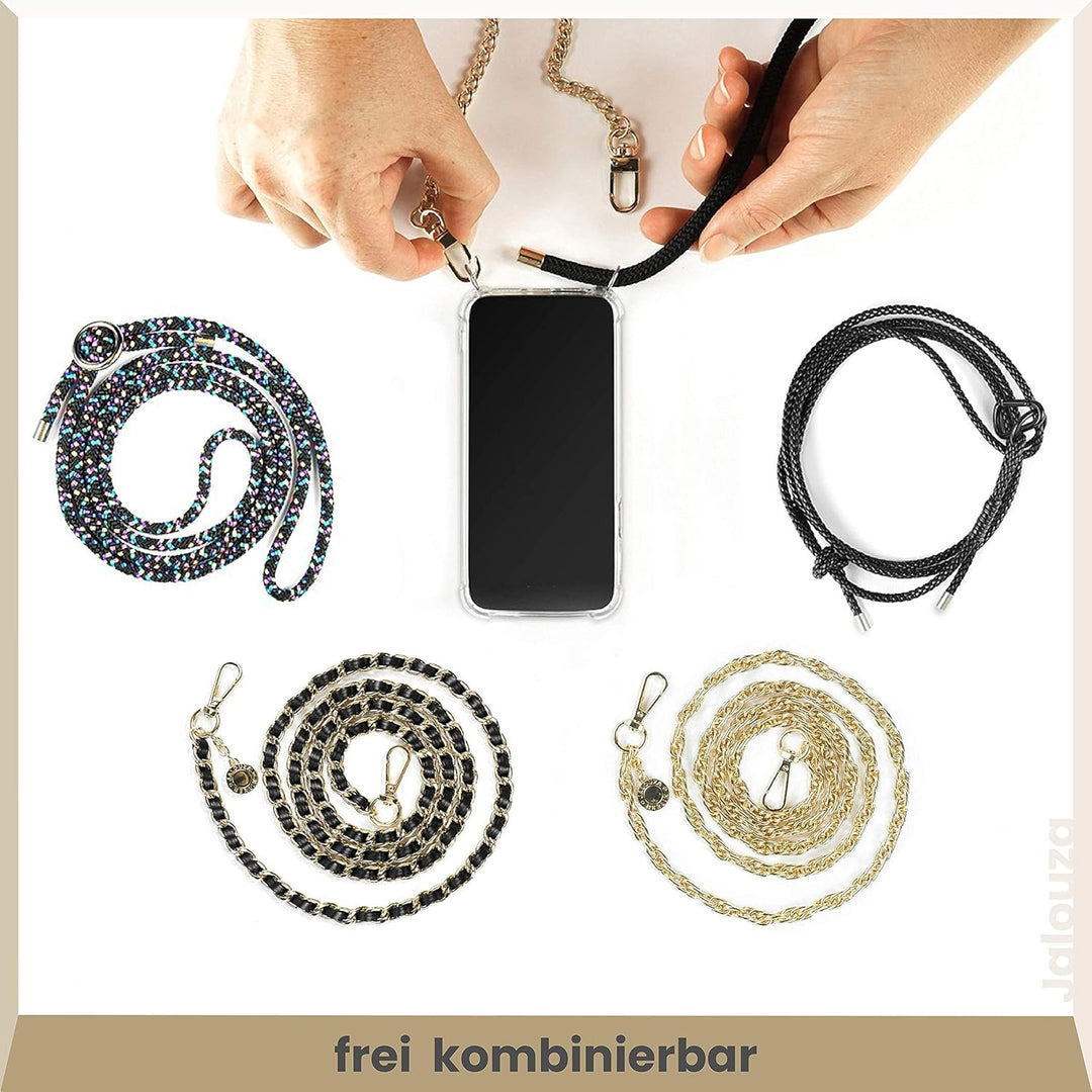 Jalouza Handykette, Kordel & Hülle Bundle kompatibel mit iPhone 12 & 12 Pro - Metallkette in Schwarz