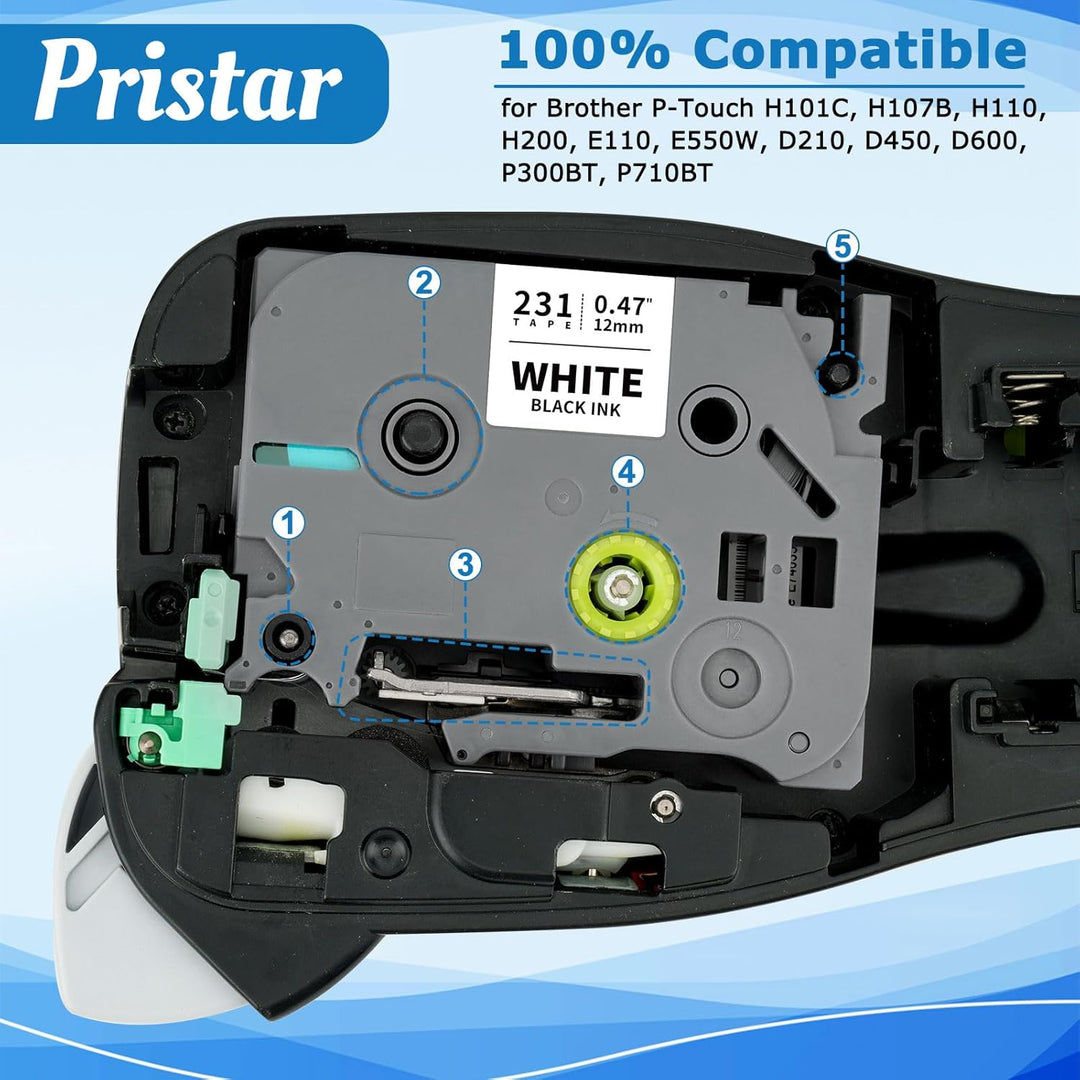 Pristar 6x Kompatible Tze 12mm 0.47 Schriftband für Brother TZe-231 TZe-131 TZe-431 TZe-531 TZe-631