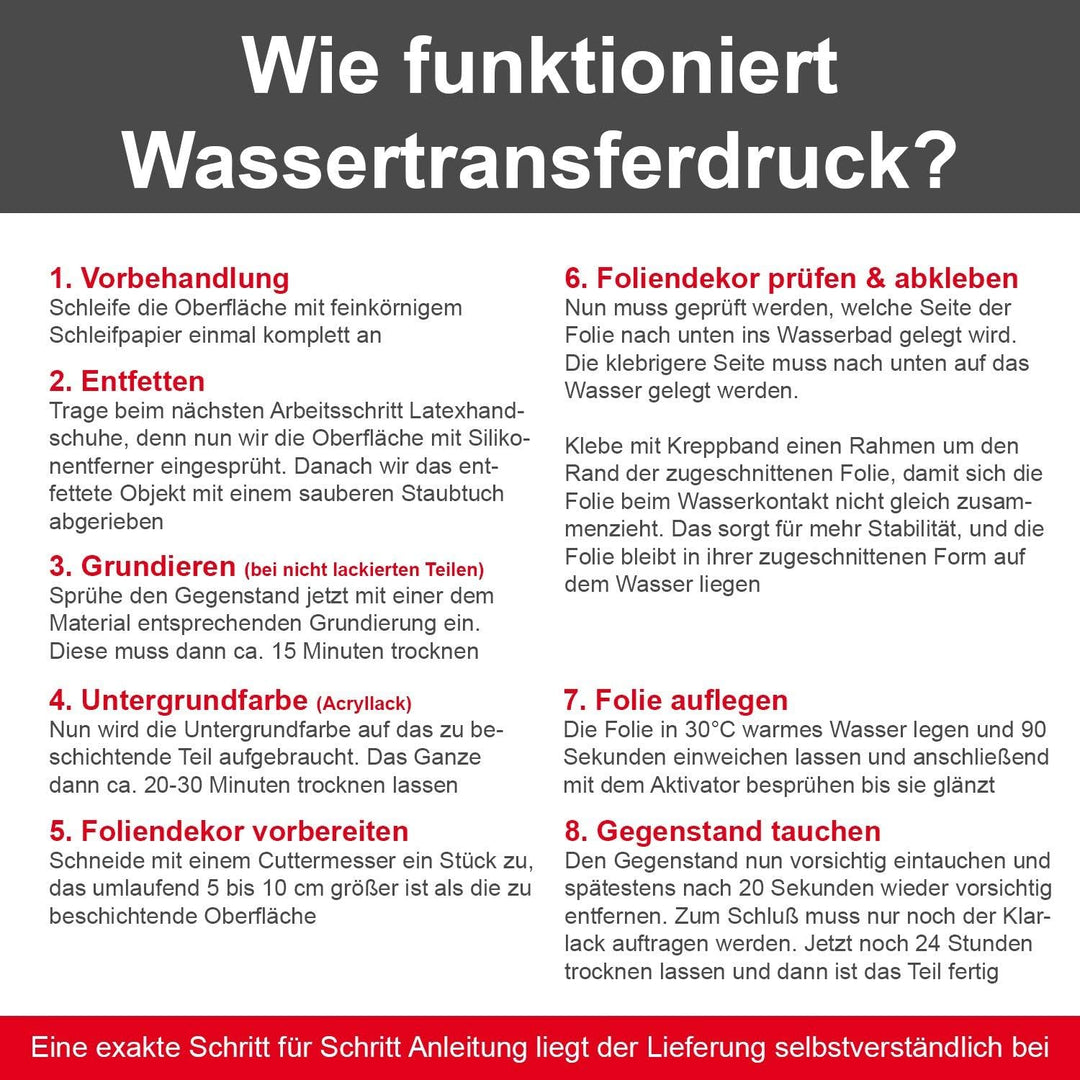 MST-DESIGN Wassertransferdruck Folie I Starter Set Gross I WTD Folie + Dippdivator/Aktivator + Zubeh