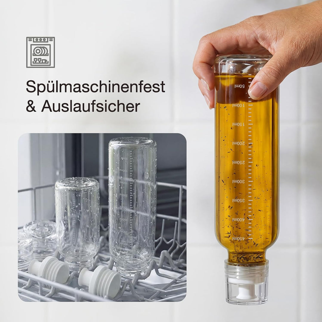 Dressingshaker aus Glas mit Skalierung 300ml | Dressing Behälter mit tropffreien Ausguss, spülmaschi