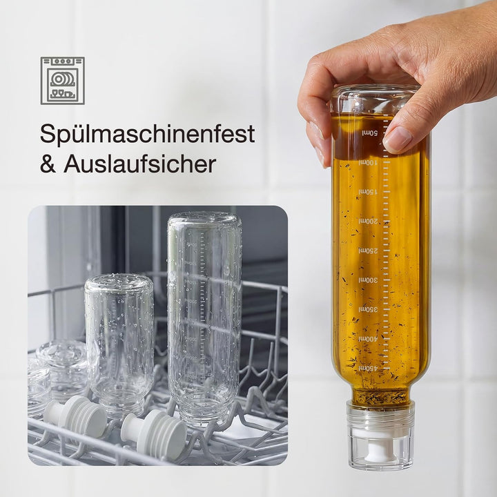 Dressingshaker aus Glas mit Skalierung 300ml | Dressing Behälter mit tropffreien Ausguss, spülmaschi