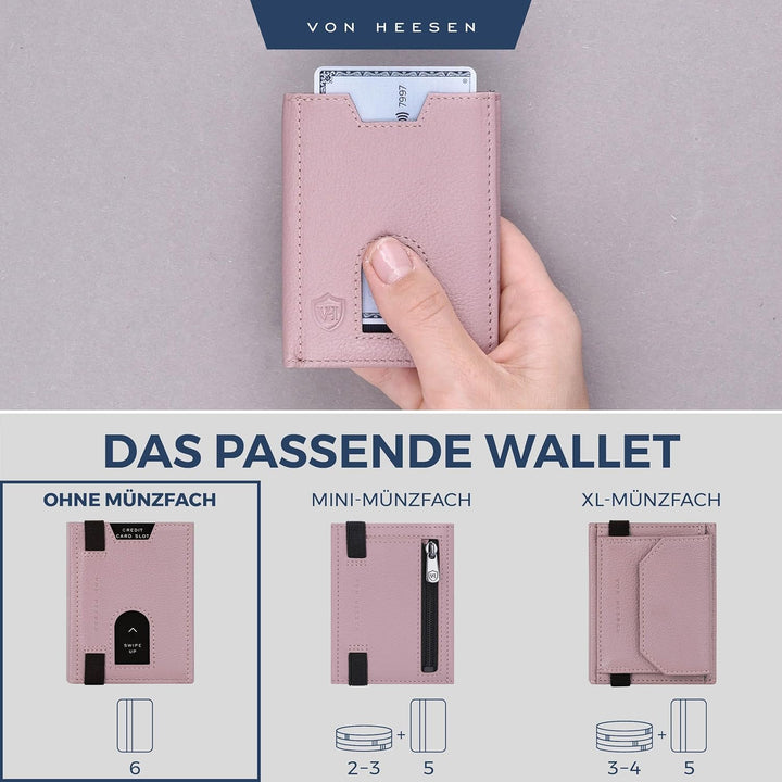 VON HEESEN Leder Slim Wallet - Geldbeutel mit RFID Schutz - Mini Geldbörse für Herren und Damen - Ka