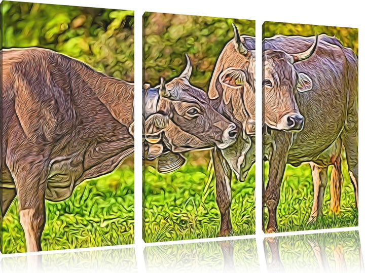 Kuhbullen auf Weide Spezial 3-Teiler Leinwandbild 120x80 Bild auf Leinwand, XXL riesige Bilder ferti