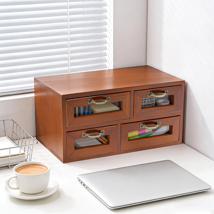 Holz Schubladenbox, Aufbewahrungschrank mit 4 Schubladen, Holz Schubladenschrank, Desktop-Organisato