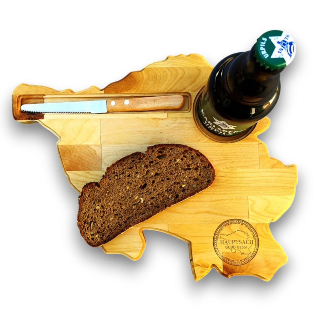 Saarlandbrett als Frühstücksbrettchen aus Holz, Legendärer Stubbi Style, für Saarländer, Lusitge Ges
