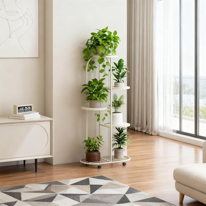 GarveeHome 5-Etagen Rollbarer Pflanzenständer, Höhenverstellbarer Blumenständer mit Rädern, Stabiler