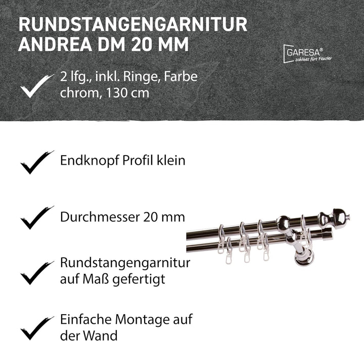 Garesa Gardinenstange Andrea Ø 20mm, 2-läufig, Chrom I Stabile Vorhangstange inkl. Ringe + Faltenleg