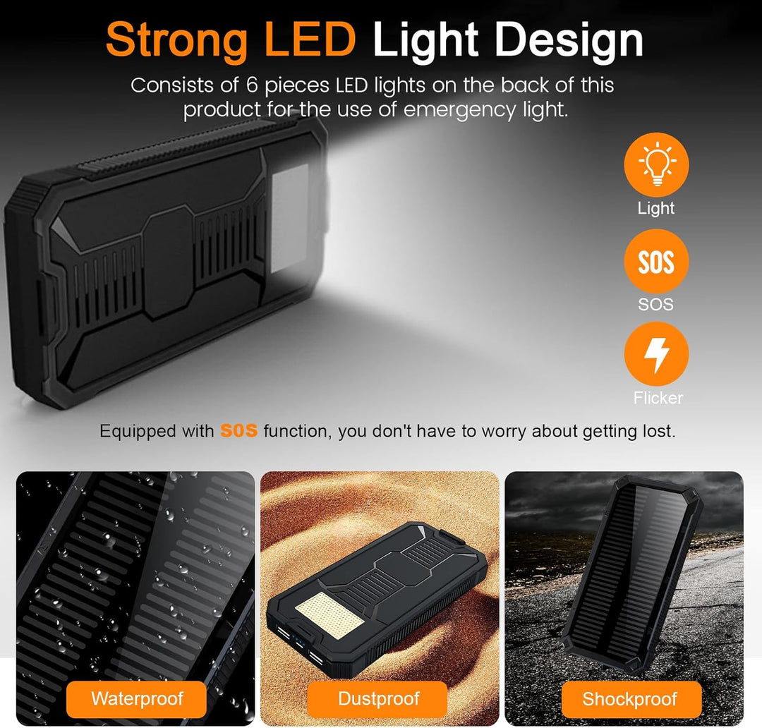 Solar Power Bank 20000mAh,Wasserdichtes Tragbares Powerbank Solarpanel mit 2 USB-Anschlüssen 1 Typ-C