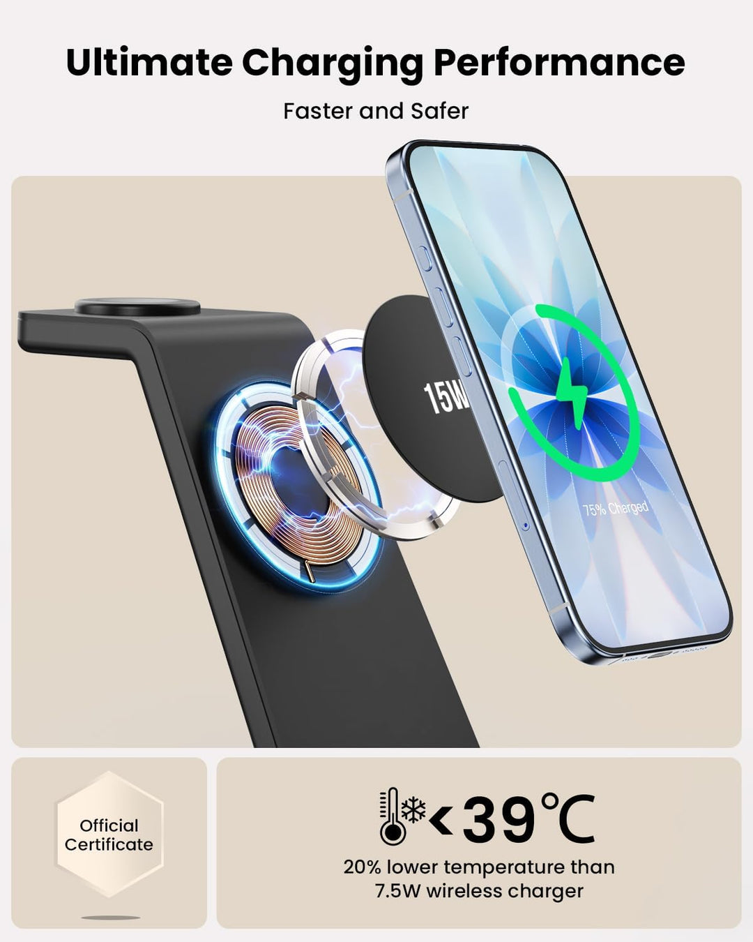 GEEKERA 3-in-1 Ladestation mit MagSafe, Qi2-zertifiziert 15W Schnell Induktive Ladegerät für iPhone