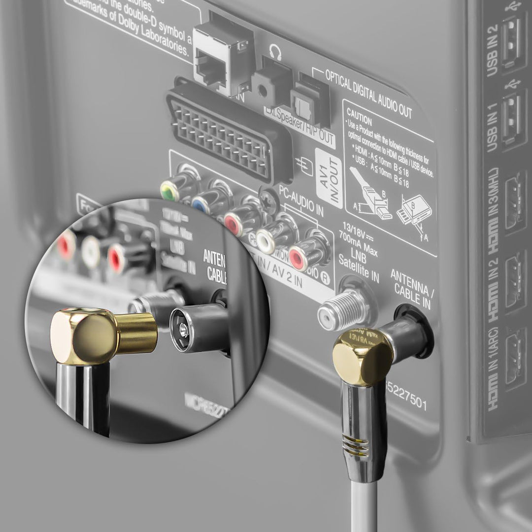 deleyCON 10m TV Antennenkabel HDTV Full HD - 2x gewinkelt - Koaxialkabel - TV-Stecker (90° Grad) zu