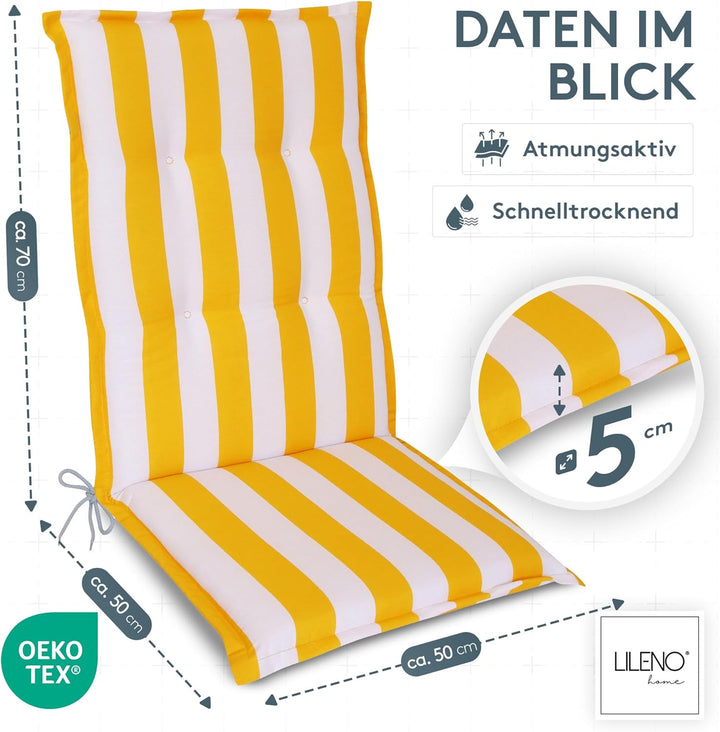 LILENO HOME Gartenstuhl Auflagen als [2er Set - Hochlehner] in Blockstreifen Gelb - Bequeme Liegen a