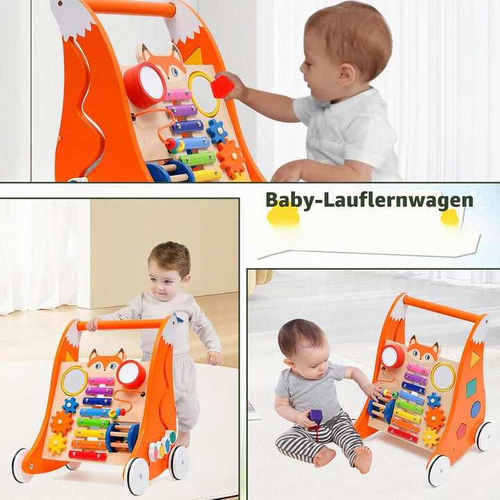 Lauflernwagen Holz für Kleinkinder, Multifunktionale Lauflernhilfe mit Spielbrett und Musik, Laufler