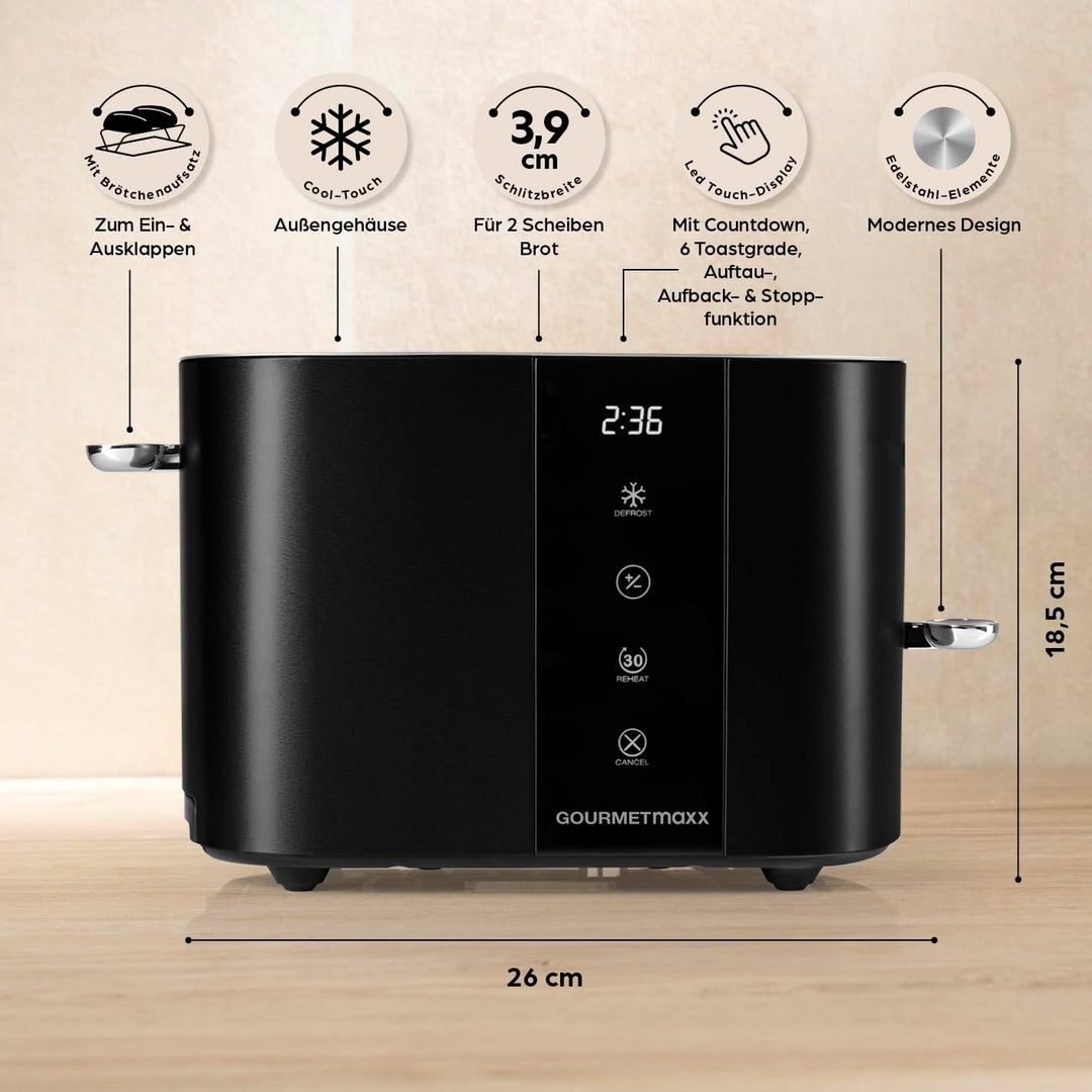 GOURMETmaxx Toaster Kurzschlitz für 2-Scheiben | Schwarzer Toaströster mit 6 Bräunungsgraden und Rea