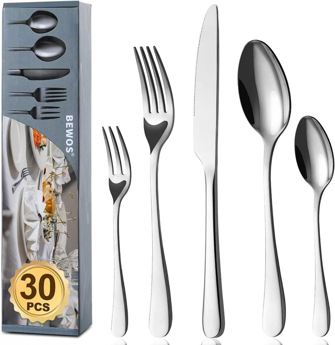 BEWOS Besteck Set für 6 Personen, 30 teilig Essbesteck Set inkl. Messer, Gabel, Löffel, Besteck Edel