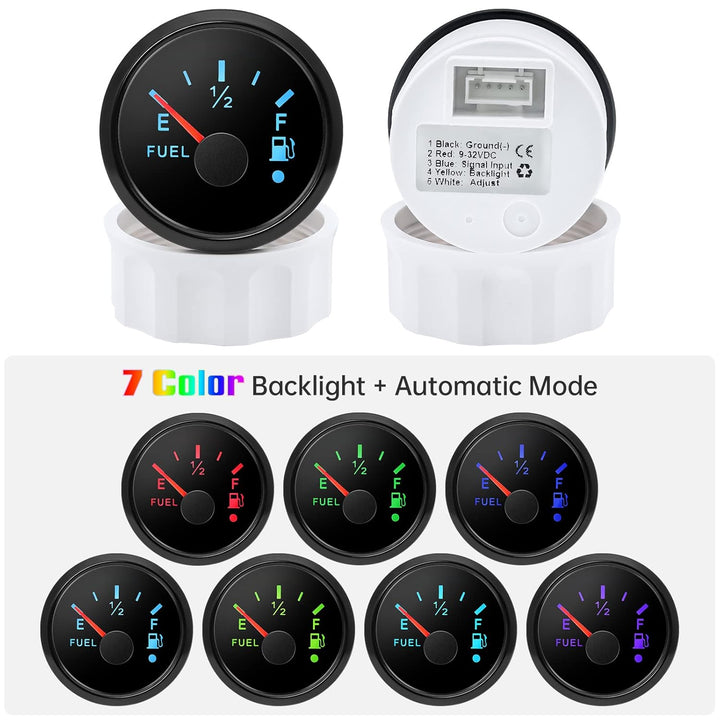 Kraftstoffanzeige, Kraftstoffstandsanzeige 52 mm 0-190ohms mit 7-Farben Hintergrundbeleuchtung Und A